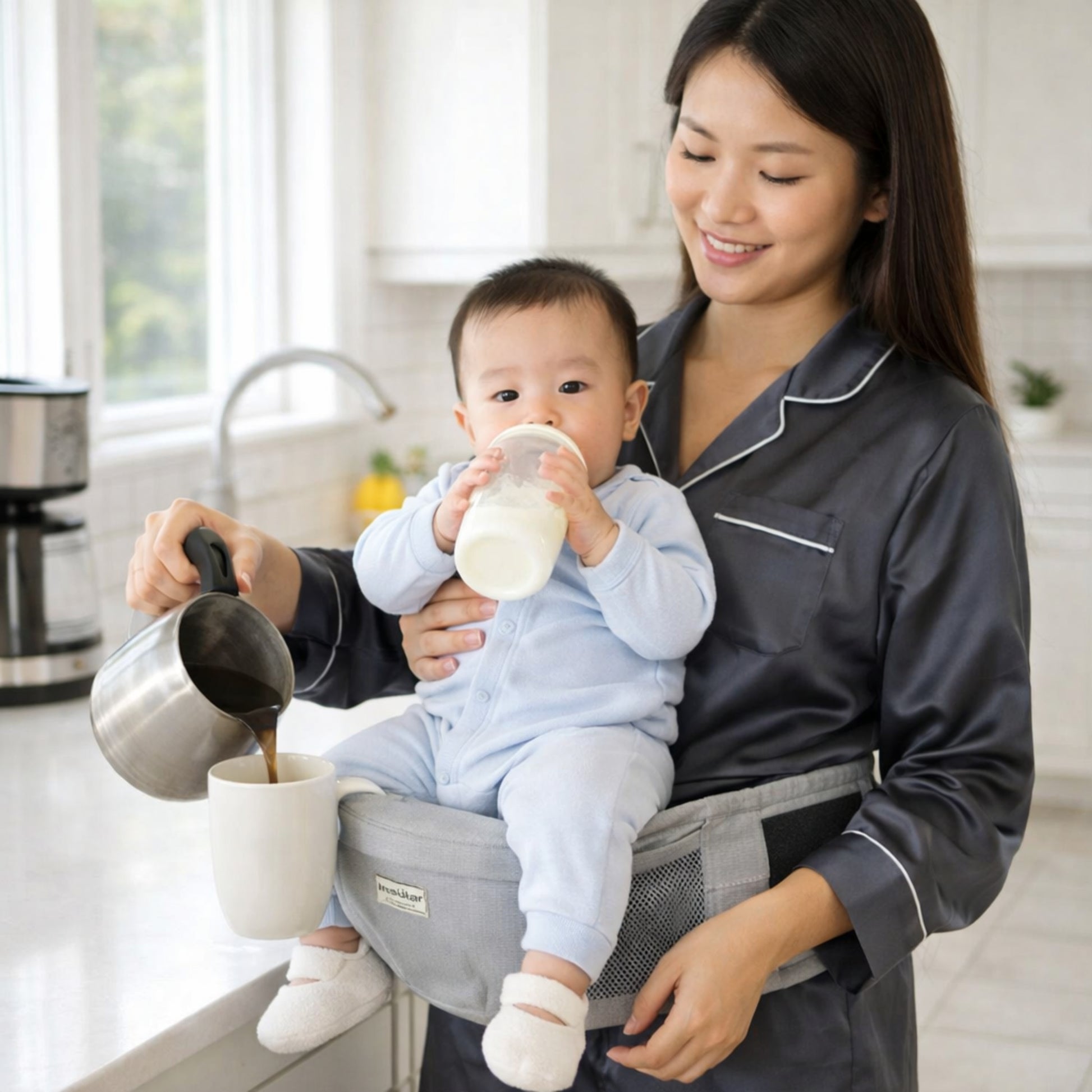 Routine matinale plus fluide avec votre trésor bien installé sur le porte bébé