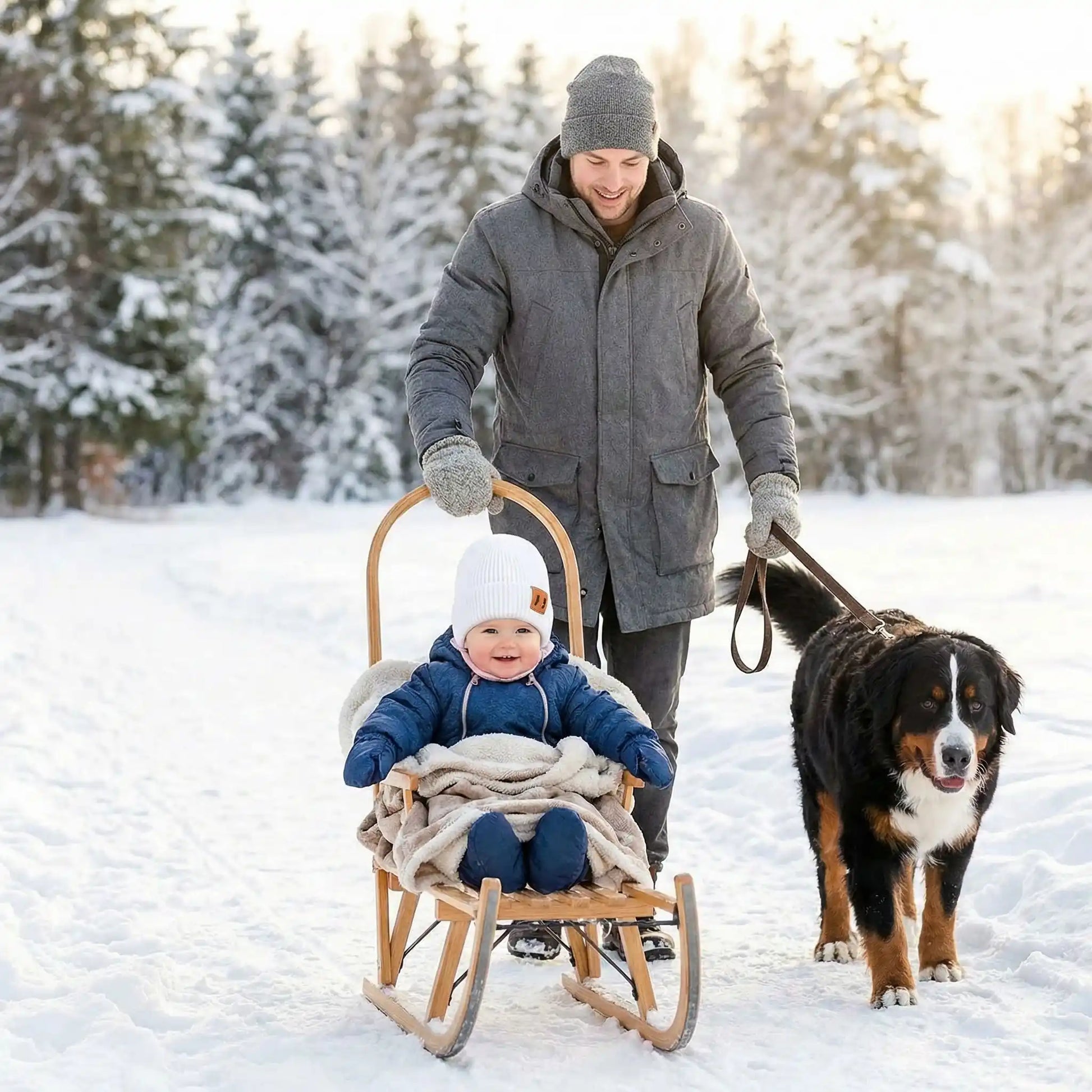 Promenade avec chien et au chaud avec bonnet pour bebe au tricot blanc