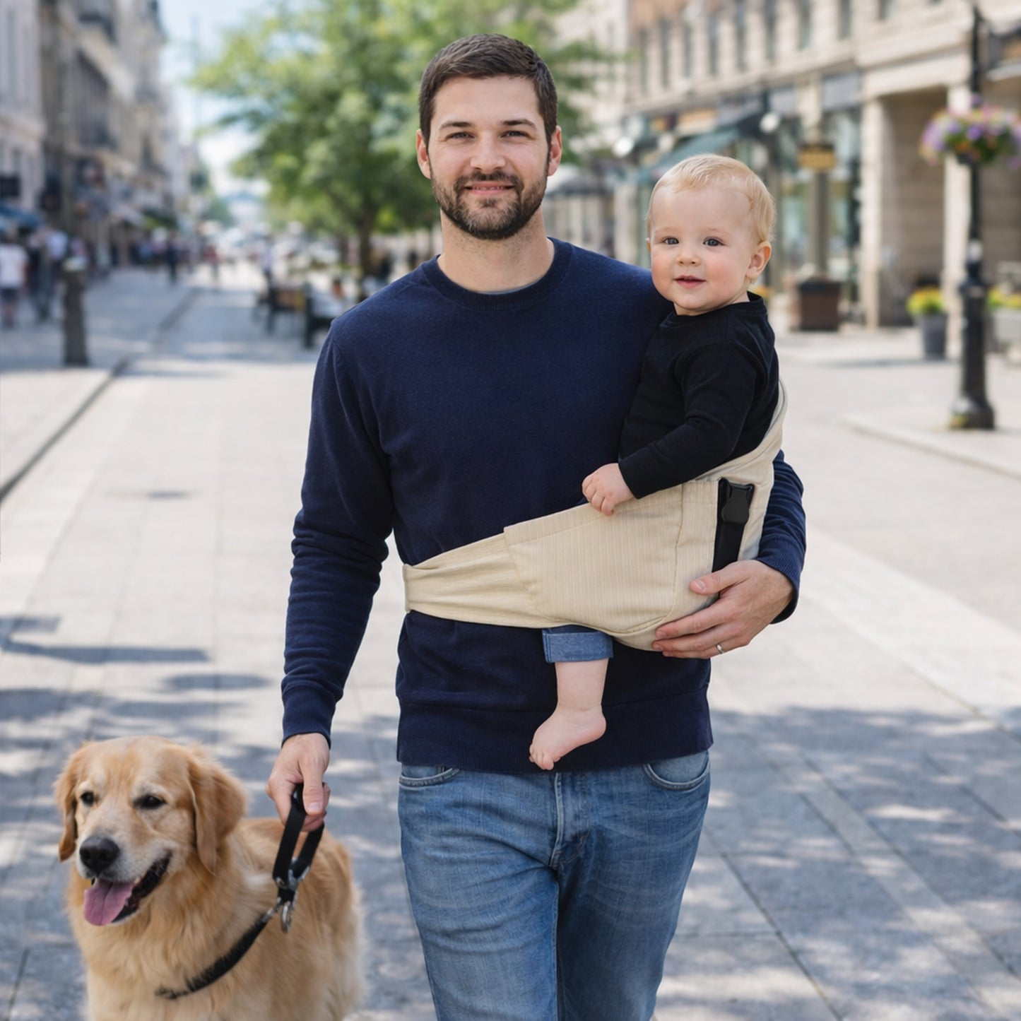Une echarpe de portage en velours côtelés beige, facile à utiliser