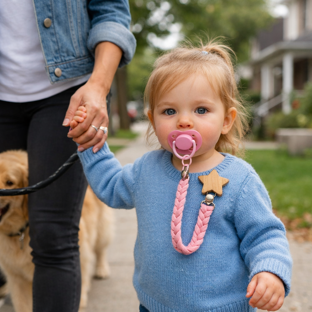 C'est la promenade du chien jamais sans sa sucette bien accrochée avec son attache suce étoile rose
