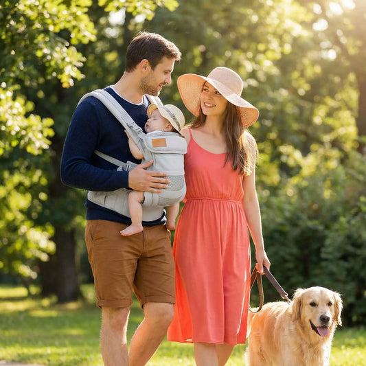 Marche du chien en famille avec porte bebe
