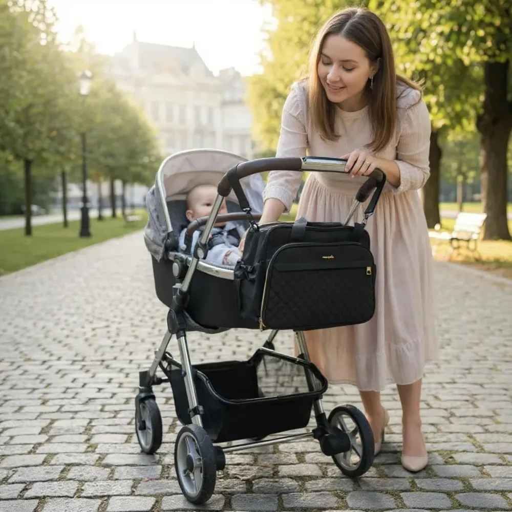 Grâce à ses attaches pour les poussette, les promenade sont plus légères pour vos épaules