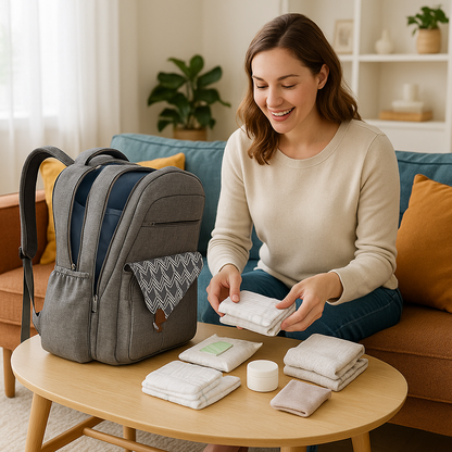 Maman remplie le sac à dos à langer qui peut contenir plusieurs items