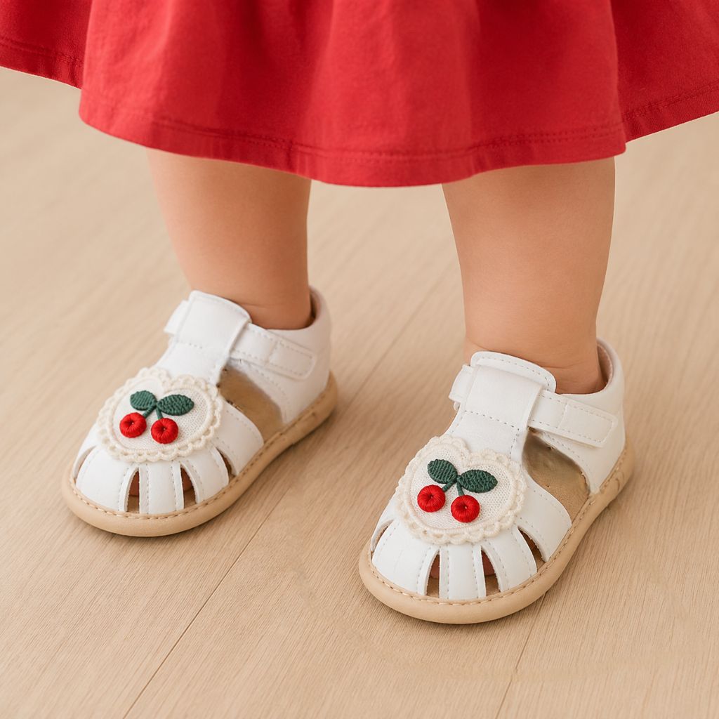 sandale bebe fille MIniPas blanche appliquées cerises