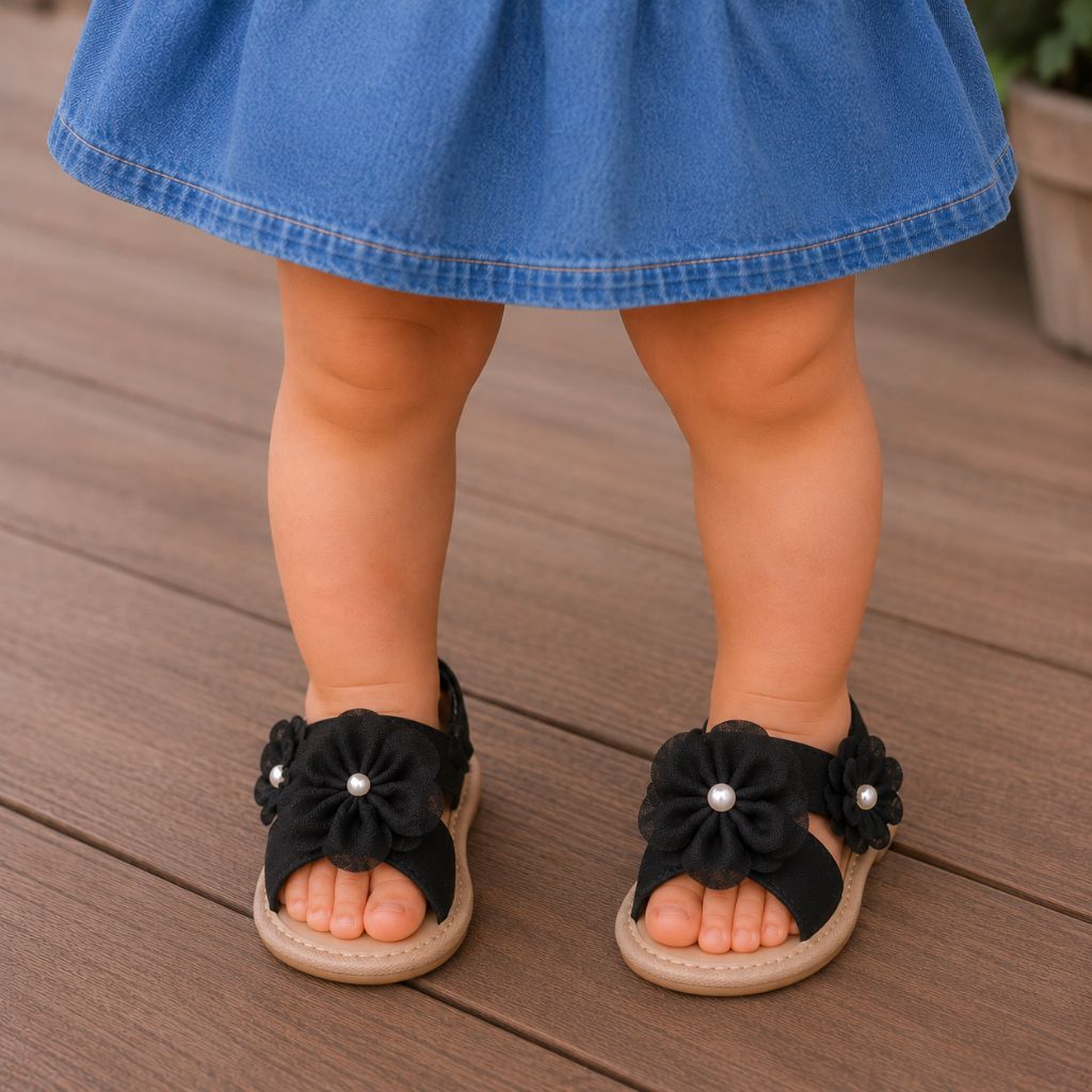 sandales bébé fille Pepia noires fleurs 3D